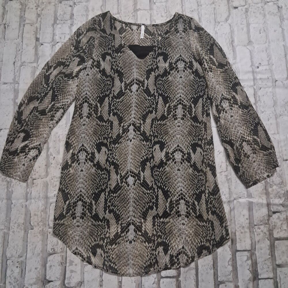 Sage Women's Size Small Tunic Lined Blouse Snake Animal Print Fringe Lace Sheer